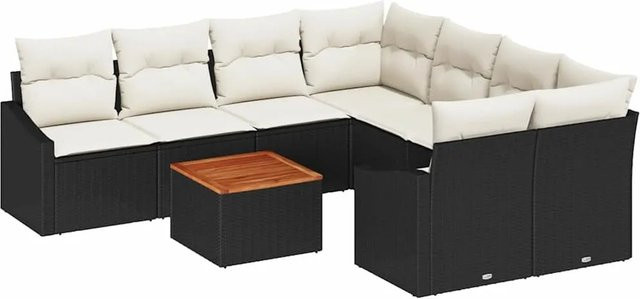 vidaXL Garten-Sofa-Set aus Poly-Rattan in Schwarz mit Kissen und Tisch, 9-teiliges L-Shape Lounge-Set mit Metallrahmen und UV-beständigen Polstern - Bild 1