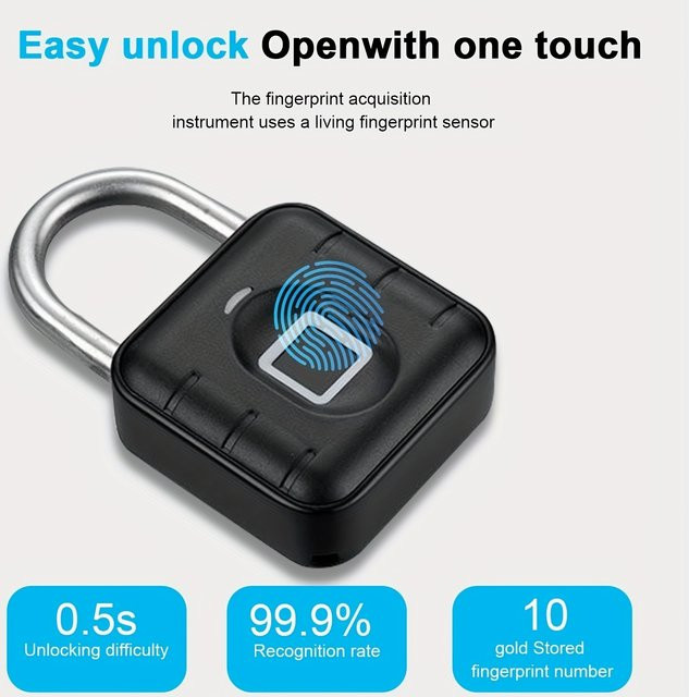 KERUI Fingerabdruck-Vorhängeschloss Schwarz, wasserdichtes und wiederaufladbares USB-Sicherheits-Vorhängeschloss für den Außenbereich - Bild 1