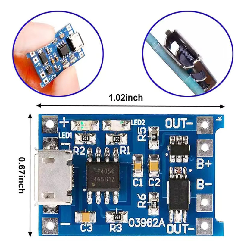 AOKIN Lithium-Akku-Lademodul TP4056 mit Schutzfunktion für 18650 Li-Ion Akkus, 5V 1A, Micro-USB und USB-C, Blau - Bild 3