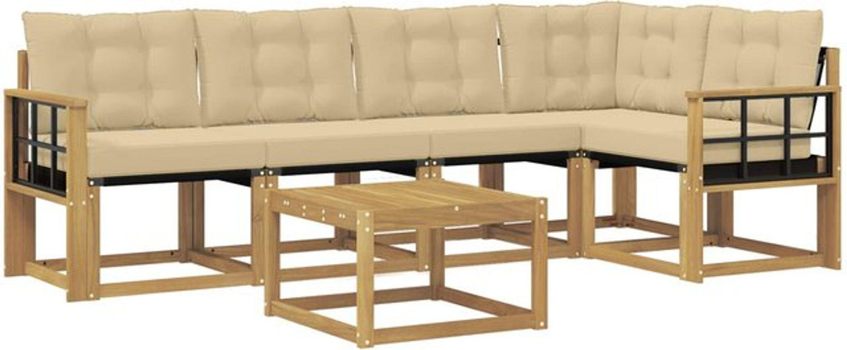 vidaXL Outdoor-Sofagarnitur aus Akazienholz mit Kissen in Weiß und Beige, 6-teiliges Loungemöbel-Set im modernen Design - Bild 1