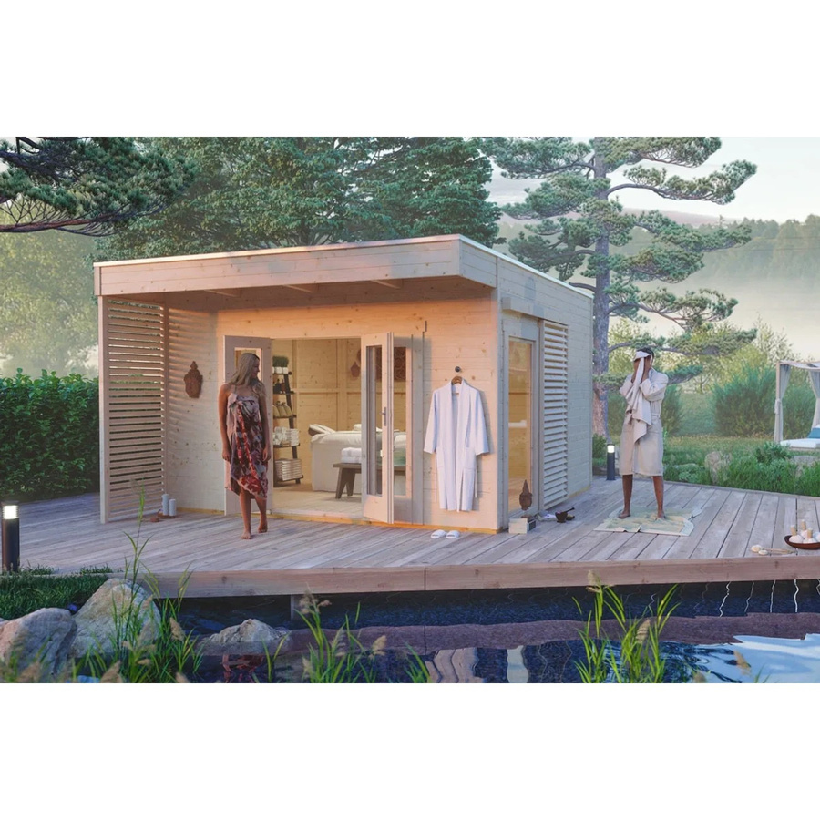 Skan Holz Gartenhaus Tokio 4 Flachdach Unbehandelt Beige B/H/T: 402 x 270 x 402 cm - Bild 2