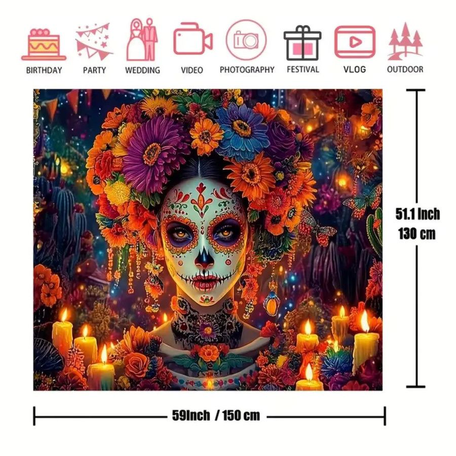 VIKAMA Fotohintergrund Festival of the Dead Skulls mit Skeletten im mexikanischen Stil, Mehrfarbig, B/H: 60 x 40 cm - Bild 3