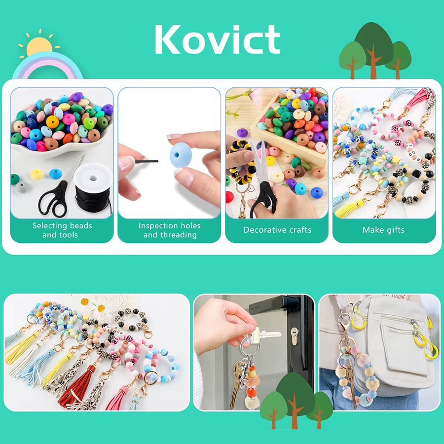kovict Perlen, Silikon-bedruckt, rund, Blumenmuster, 15 mm, 5 Stück - Bild 1