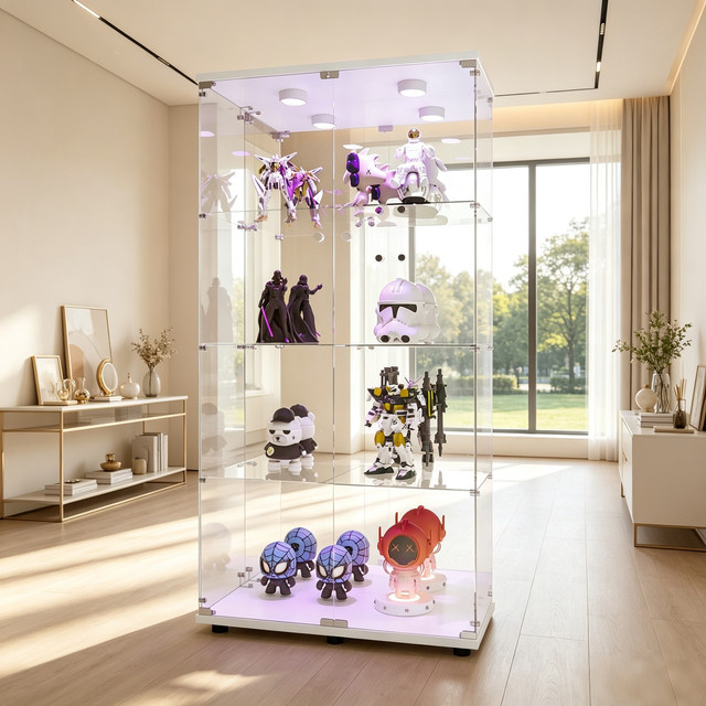 Fangange 4-stöckige Glas-Vitrine mit LED-Beleuchtung in Weiß, moderne Ausstellungsvitrine mit Doppeltür für dein Wohnzimmer - Bild 1