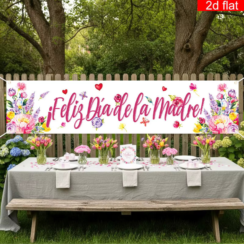 VIKAMA Spanischsprachiges Muttertags-Partybanner mit Blumen und Schmetterlingen, Mehrfarbiges Hintergrundtuch für den Außenbereich, B: 180 cm, H: 35 cm - Bild 4