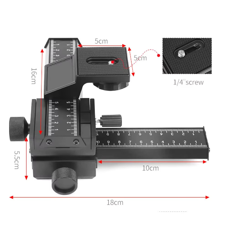 RYH 4-Wege-Makro-Fokussierschiene in Schwarz für Canon, Sony, Nikon und Pentax mit Stativkopf und 1/4-Zoll-Schraube für DSLR-Kameras - Bild 4