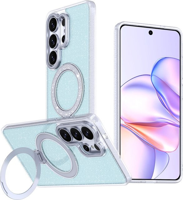 Glitzernde magnetische MagSafe Handyhülle mit 360 Grad drehbarem Ringhalter für Samsung Galaxy S26 Plus S25 S24 FE S23 S22 Ultra in Orange Transparent - Bild 1