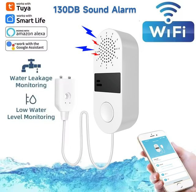 Tuya Smart Wassersensor mit 130dB Ton- und Lichtalarm, 2,4G WiFi Wasserleckdetektor für Alexa und Smart Life App, Weiß - Bild 1