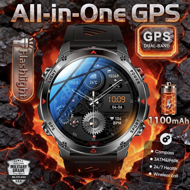GUHUAVMI Militär-Smartwatch mit Dual-Band AGPS, AMOLED-Display, Kompass, Höhenmesser und Taschenlampe, Schwarz, 3ATM & IP69K wasserdicht - Bild 1