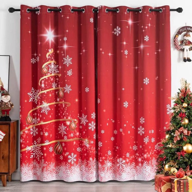 Weihnachtsvorhänge mit Funkelstern-Dekoration in Rot und Weiß, halbtransparente Voile-Fenstervorhänge für Wohnzimmer, Schlafzimmer oder Küche, B: 100 cm, H: 130 cm - Bild 1