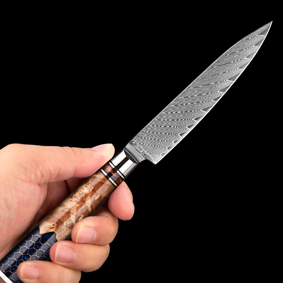Xituo 5-Zoll Allzweckmesser aus 67-lagigem Damaststahl mit blauem Harzgriff und Wabenmuster - Bild 4