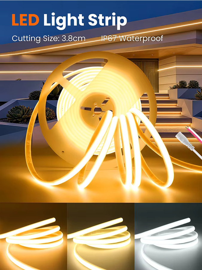 XUNATA COB LED Streifen 12V mit 320 LEDs, flexibles Neon Band Licht IP67 wasserdicht aus Silikon mit selbstklebendem Klebeband - Bild 6