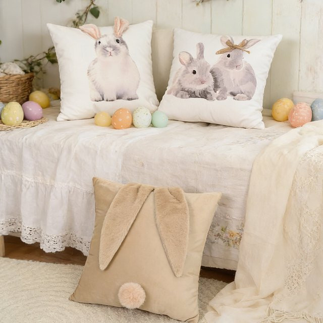 BUYNOW Kissenbezug Plüsch Hase mit Schleife in Creme und Braun, quadratisch, B/T/H: 45,72 x 45,72 x 45,72 cm - Bild 1