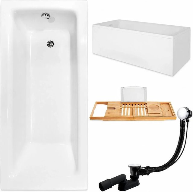 KOLMAN Badewanne KODI rechteckig in Weiß mit Acrylschürze, Bambus-Badewannenablage und Kopfstütze, B/T: 110 x 70 cm - Bild 1