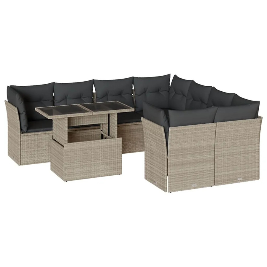 vidaXL 9-tlg. Garten-Sofagarnitur aus Polyrattan in Hellgrau mit Kissen und Tisch - Bild 2
