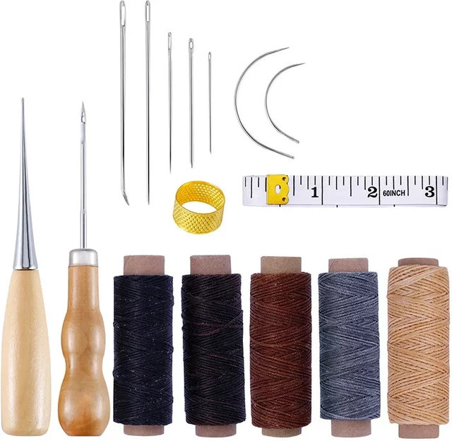 16-teiliges Leder-Nähen-Set mit gewachstem Faden, Nadeln, Ahle und Fingerhut für Schuhmacher und Leinwandarbeiten - Bild 1