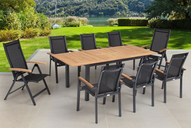 OUTFLEXX Garten-Essgruppe in Anthrazit Matt aus Aluminium, Teakholz und Textilene mit ausziehbarem Tisch und 8 Stühlen - Bild 1