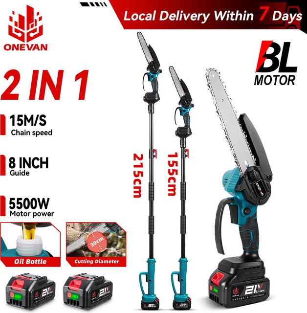 ONEVAN 2 in 1 Teleskop-Elektrokettensäge mit 5500W, bürstenlose kabellose Hochastsäge zur Gartenpflege, kompatibel mit 21V und 18V Akku - Bild 1