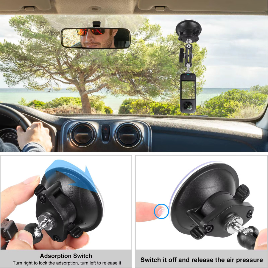PULUZ Magische Arm Saugnapf Halterung für Insta360 X4 X3, GoPro und DJI Osmo Action 4, Schwarz - Bild 4