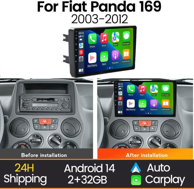 MEKEDE Autoradio mit Wireless CarPlay und Android Auto für Fiat Panda 2003 - 2012, Navigation GPS, WLAN und Bluetooth, Schwarz - Bild 1