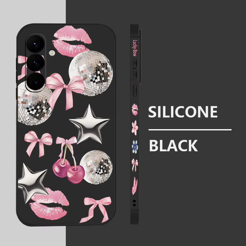 Samsung Handyhülle aus weichem TPU-Silikon mit Schleifenmuster und Kirschen sowie Trageband in Purple und Black für Galaxy S25 S24 S23 S22 Ultra Plus FE - Bild 1