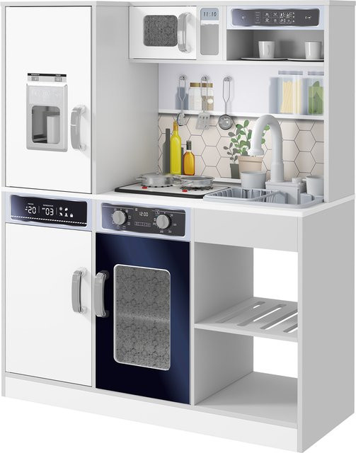 AIYAPLAY Kinderküche Spielküche mit Licht und Sound, Kochherd, fließendes Wasser, Kaffeemaschine, Kühlschrank und Mikrowelle, Weiß, B/H/T: 29,7 x 100,9 x 80 cm - Bild 1
