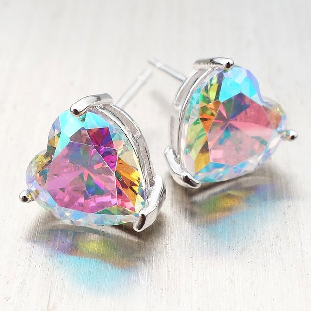 Ohrstecker Regenbogen Kristall, Zirkon, Herz, silberfarben, Damen - Bild 1