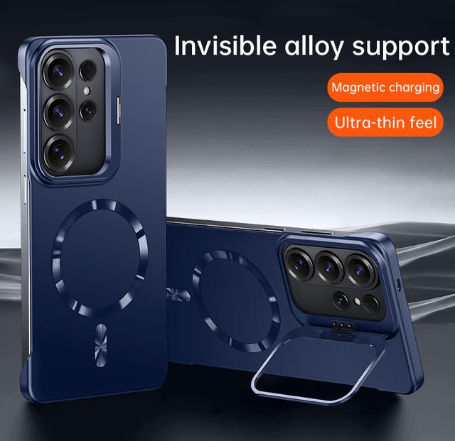 Magnetische Samsung Galaxy S25 S24 S26 Ultra Plus FE Handyhülle mit Metall-Kameraständer und Rahmenlosem Design in Schwarz - Bild 1