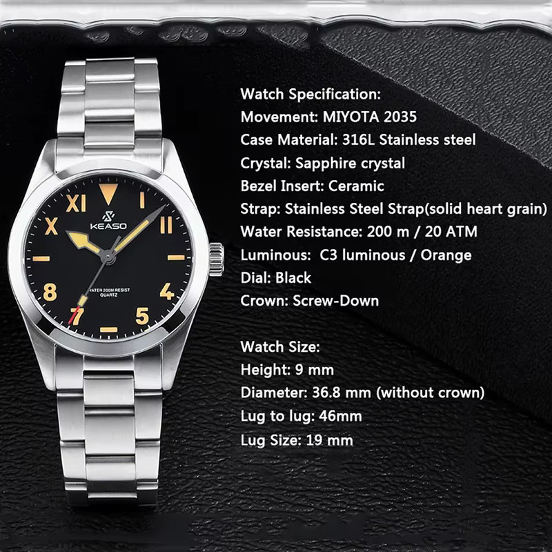 KEASO Taucheruhr, Quarz, Edelstahl, Saphirglas, 20 ATM, Herren, Schwarz - Bild 4