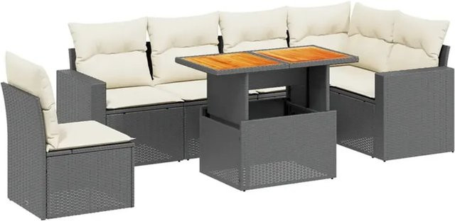 vidaXL 7-teilige Garten-Sofagarnitur aus Poly-Rattan und Akazienholz in Schwarz-Creme mit Kissen - Bild 1