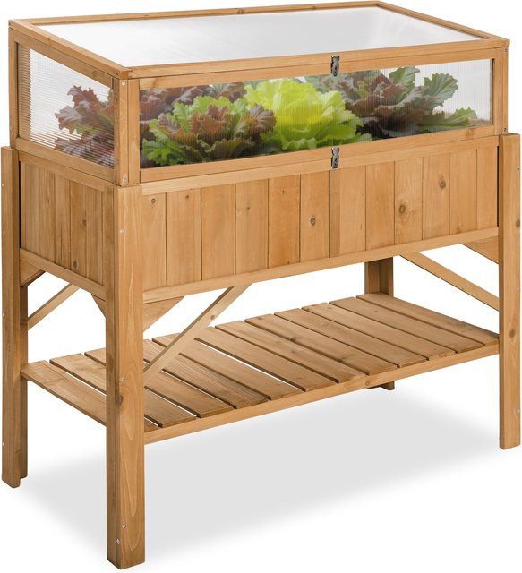 tectake Hochbeet aus imprägniertem Nadelholz in Braun mit Ablage, Frühbeet-Aufsatz und arretierbarem Dach, Füllmenge 130 l, B/T/H: 119 x 57 x 124 cm - Bild 1