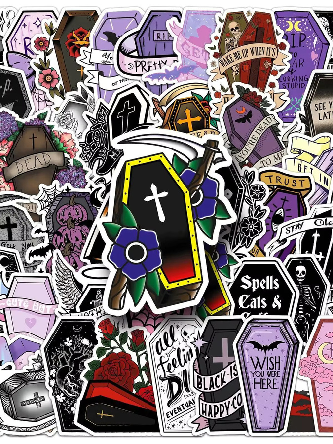 50 Stück GOGOTU Gothic Halloween Aufkleber im Vampir-Sarg-Stil, wasserfeste PVC Sticker für Skateboard, Notebook und DIY-Dekoration, Mehrfarbig - Bild 5