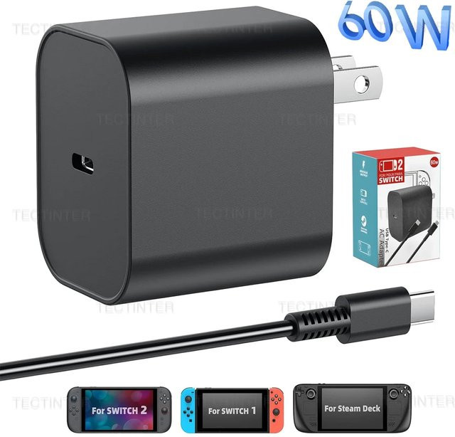 Nintendo Switch 2 60 W AC-Adapter USB-C Schnellladegerät Netzteil für TV-Modus in Schwarz - Bild 1