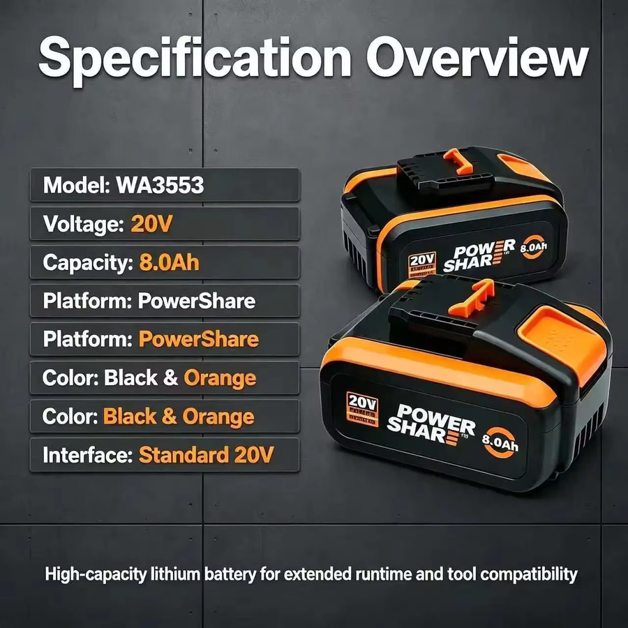 Worx Ersatz Akku 20V 8000mAh Lithium-Ionen für Elektrowerkzeuge WA3551 WA3551.1 WA3553 WA3641 WX373 - Bild 2