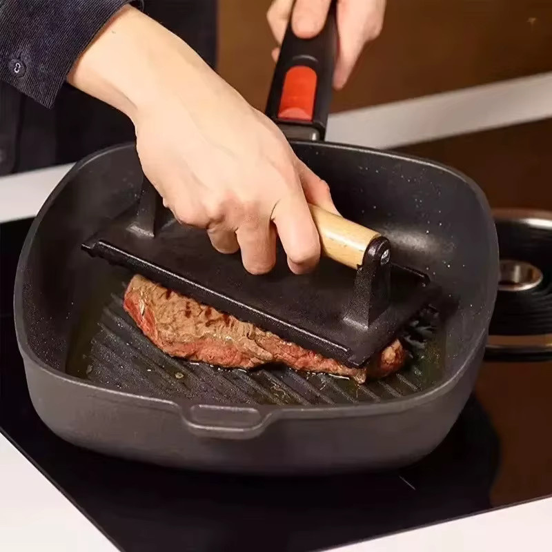JUSTINLAU Runde Gusseisen-Fleischpresseplatte in Schwarz mit Holzgriffen für BBQ und Küche, Durchmesser: 21,0 cm - Bild 3