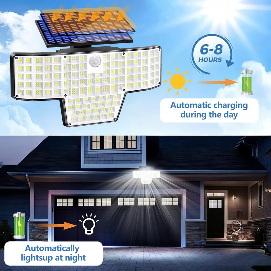 Solar-LED-Wandleuchte mit Bewegungssensor und 448 LEDs, wasserdichte Außen-Flutlichtleuchte IP65 in Schwarz für Garten und Hof - Bild 2