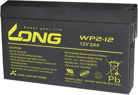 Long WP2-12 Bleiakku 12V 2Ah Blei-Vlies AGM Schwarz B/H/T: 150 x 90 x 20 mm mit 4,8 mm Flachstecker - Bild 1