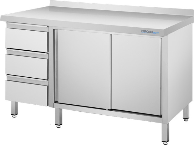 CHROMOnorm Arbeitsschrank in Grau mit Schiebetüren, Schubladenblock links und Tischplatte, B/H/T: 160 x 90 x 60 cm - Bild 1
