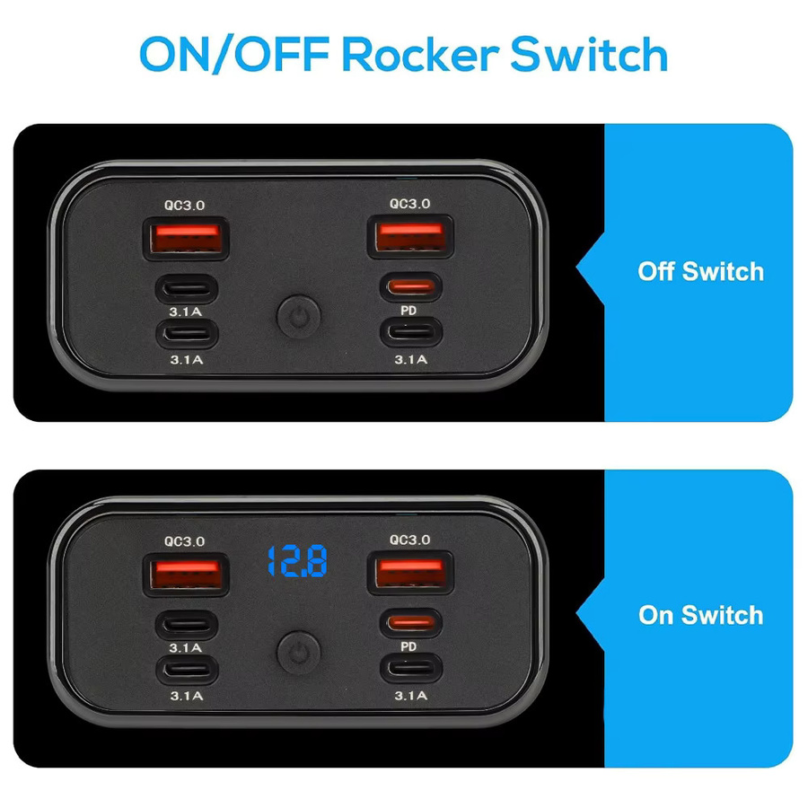 KEBETEME 6-Port Autoladegerät in Schwarz mit 30W PD3.0 QC3.0 Schnellladung, zwei 18W USB-A-Anschlüssen und Voltmeter-Schalter für 12V/24V Auto, LKW, Boot und Wohnmobil - Bild 4