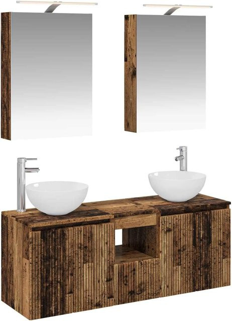 vidaXL Badezimmerschrank-Set aus Altholz in Braun, 5-teiliges Set mit Waschtischunterschrank, Spiegelschrank mit LED-Beleuchtung und Wandunterschränken, B/T/H: 50 x 14,5 x 70 cm - Bild 1