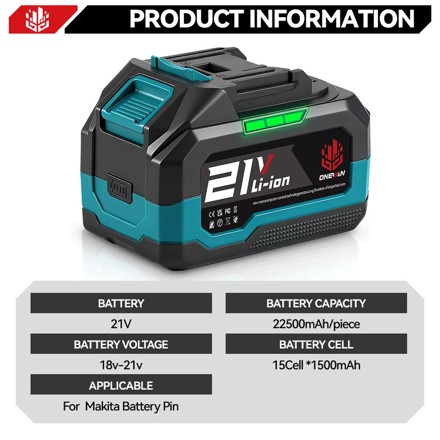 ONEVAN Lithium-Akku 22500mAh für 21V 18V Makita Elektrowerkzeuge mit Kapazitätsanzeige, Schwarz - Bild 2