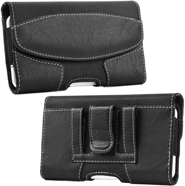 Querformatige Handyhülle aus Nylon und PU-Leder mit Gürtelclip für iPhone und Samsung Smartphones von 4,5 bis 7,5 Zoll in Schwarz - Bild 1