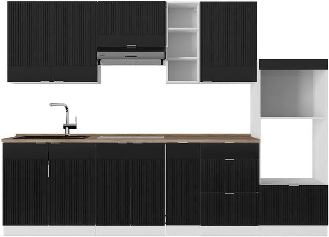 Vicco Fame-Line Küchenzeile in Schwarz Matt und Weiß mit Eiche-Optik, B/T/H: 280 x 60 x 82 cm - Bild 1