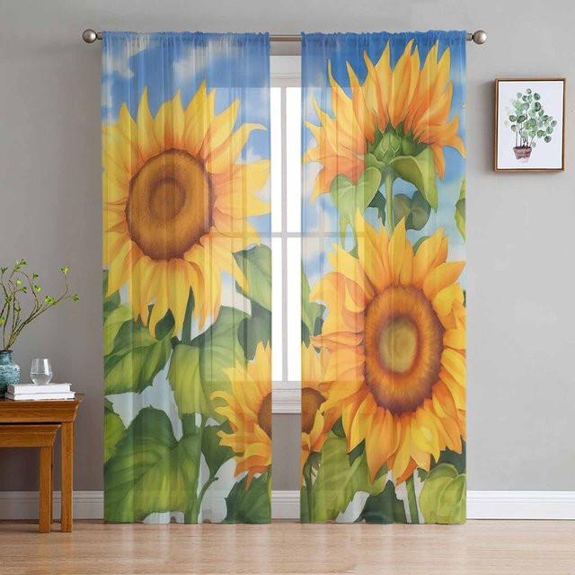 Super Six Chiffon-Fenstervorhang mit Sonnenblumen-Illustration in Orange, Retro-Design, B: 135 cm, H: 114 cm - Bild 1