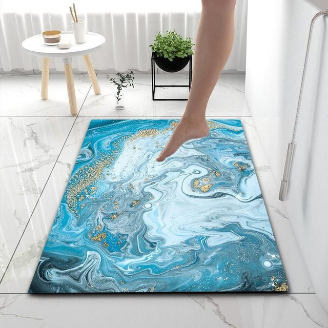 Saugfähige Badezimmermatte LeGoU Fashion mit Marmormuster in Blau, rutschfest und waschbar, B/T: 90 x 60 cm - Bild 1
