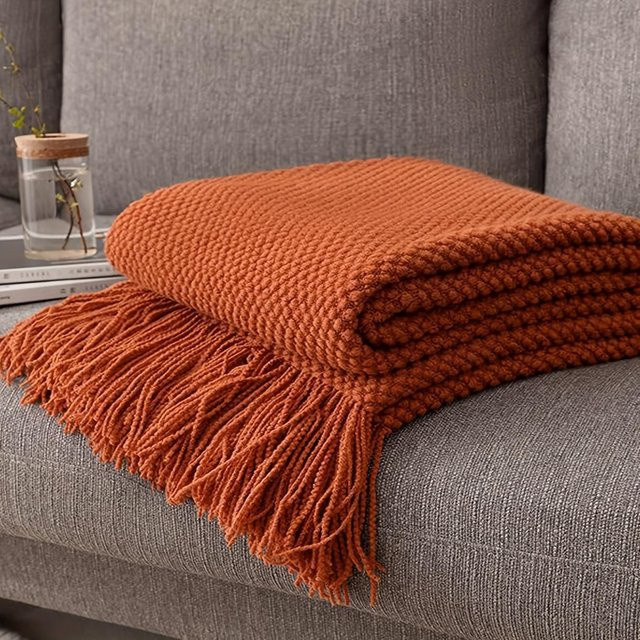 Yiran Furniture Strickdecke Morandi Orange mit Quaste, weiche Überwurfdecke aus Polyacryl, B/B: 127 x 260 cm - Bild 1