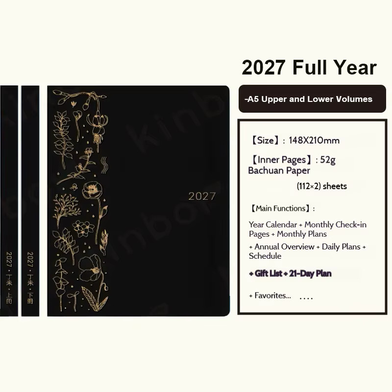 Kinbor 2027 Schaf Jahresplaner Notizbuch in Schwarz mit wöchentlichem Layout auf 224 Seiten Tomoe River Papier Format A5 - Bild 2