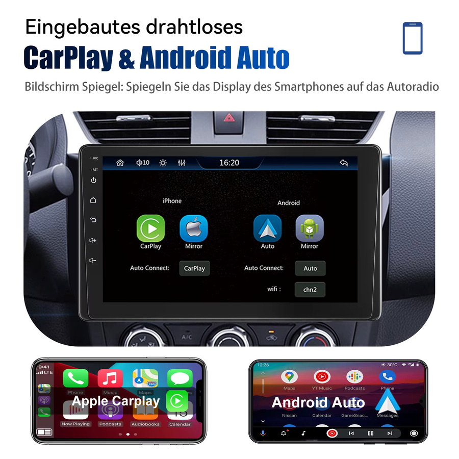ESSGOO Universal Autoradio mit 9 Zoll Touchscreen, 1 DIN, Wireless Apple CarPlay und Android Auto, Bluetooth, USB, AUX, Mirror Link und Lenkradsteuerung, Schwarz - Bild 4