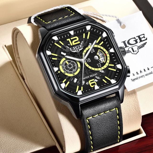 LIGE Armbanduhr Quarz, Lederarmband, Schwarz, Herren - Bild 1