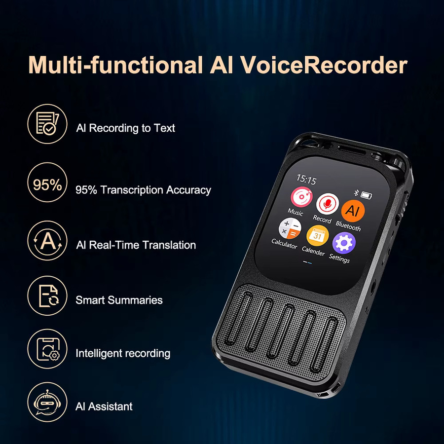Vandlion V78 AI Sprachrekorder mit Touchscreen und Mehrsprachiger Übersetzung, 32GB, Schwarz - Bild 4